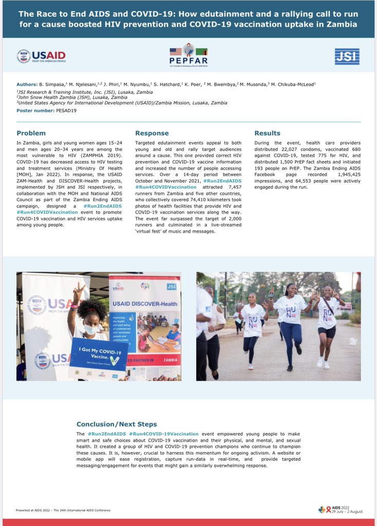 JSIhealth's tweet photo. Join @bsimpasa and Mwansa Njelesani tomorrow at 3:30 PM as they present their @USAID @PEPFAR poster! Find us at Track D, PESAD19 #AIDS2022 #HIV #COVID19 #Zambia #JSIatAIDS https://t.co/gUqNBA3rqk