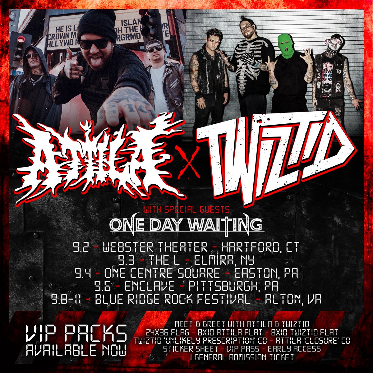 Our shows with <a href="/ATTILAga/">ATTILA</a> and <a href="/OneDayWaiting/">OneDayWaiting</a> are coming up soon! Tickets and VIP packs available at twiztidattila.soundrink.com