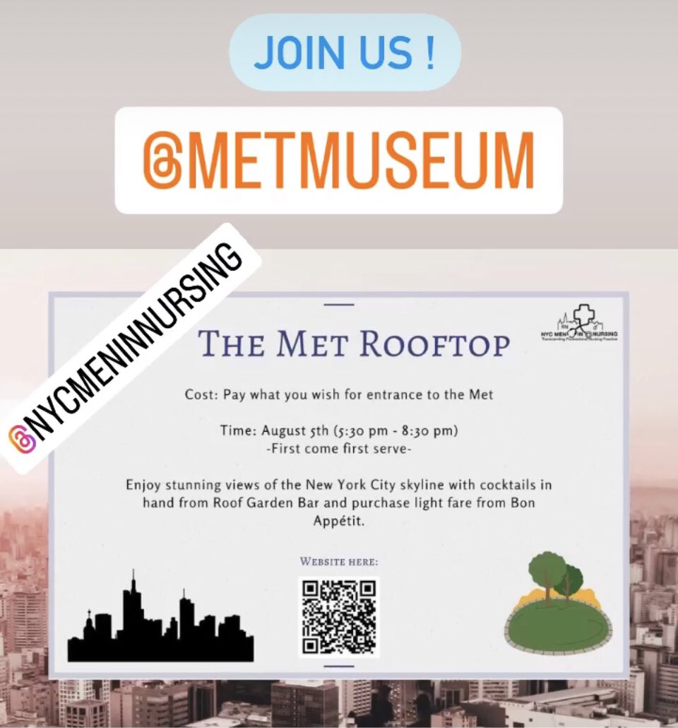 Join <a href="/AAMN_NYC/">NYC Chapter of AAMN</a> <a href="/AAMN_Nursing/">American Association for Men in Nursing</a> at the <a href="/metmuseum/">The Metropolitan Museum of Art</a> #rooftop next Friday Aug 5th for our first #Summer #event Click here to RSVP bit.ly/3cG47QK #MenInNursing #SummerVibes