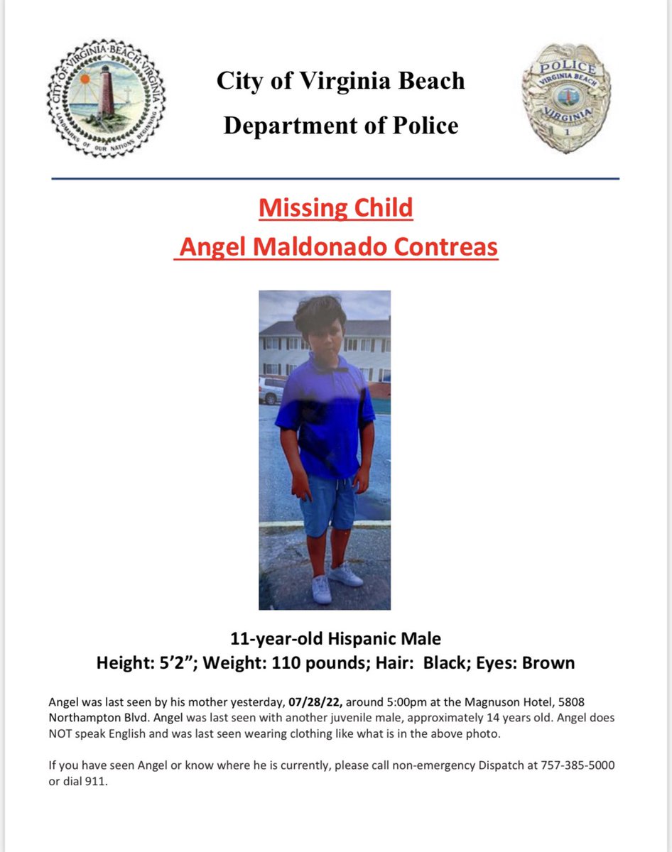 VBPD's tweet photo. ***ASSISTANCE NEEDED***
Missing 11-year-old boy, last seen yesterday in the area of Northampton Blvd. If you have seen Angel or know where he is, please call 757-385-5000 or 911. https://t.co/oK5C2HZHMM
