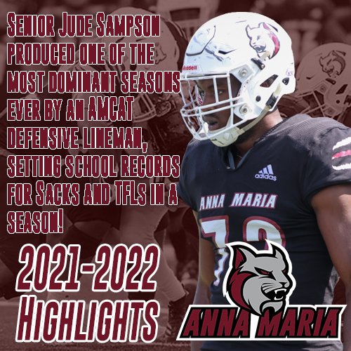 Reliving the top Anna Maria Highlights of the 2021-2022 Season! Up next, Jude Sampson produced one of the the most dominating performances by an AMCAT in school history, setting 4 records including most sacks and most tackles for a loss! <a href="/goannamaria/">Anna Maria College</a>
<a href="/AMCAT_Football/">AMCAT Football</a> <a href="/d3ECFC/">ECFC</a>