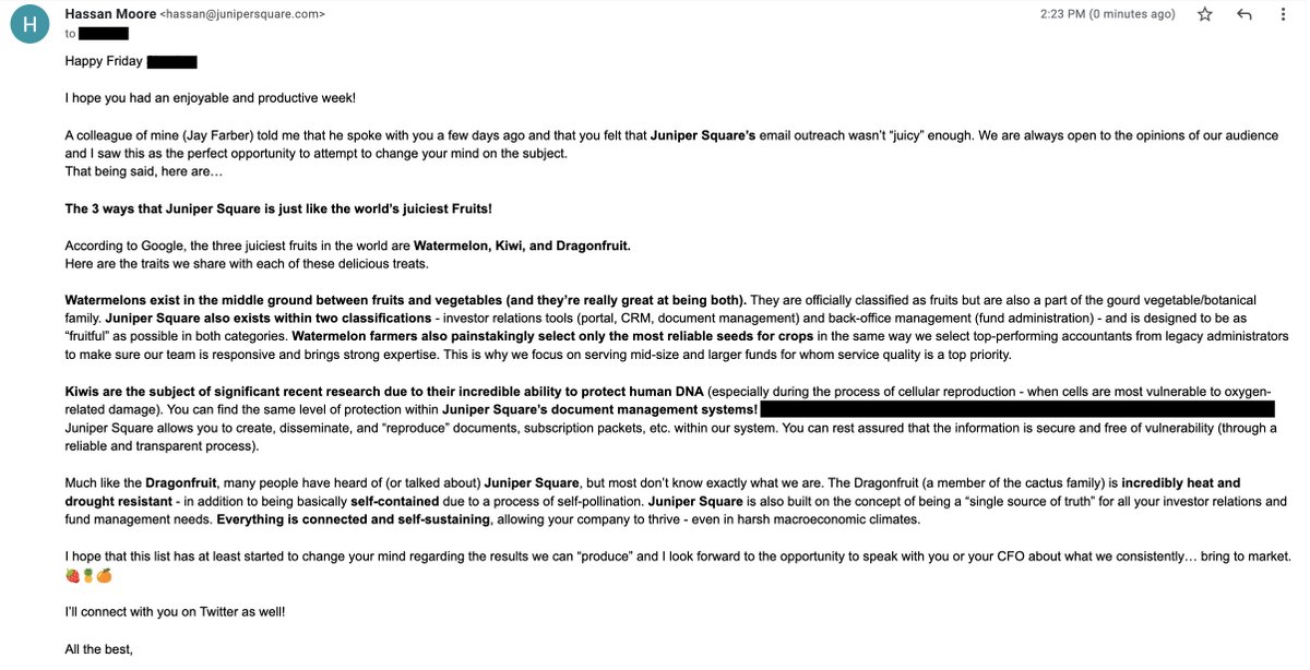 JuniperHassan's tweet photo. @jay_farber told me that he ran into someone that said our email outreach wasn't "juicy" enough...

That's not okay.

Allow me to make our case. 🍊🍇🍓 https://t.co/tz6guEwSuY