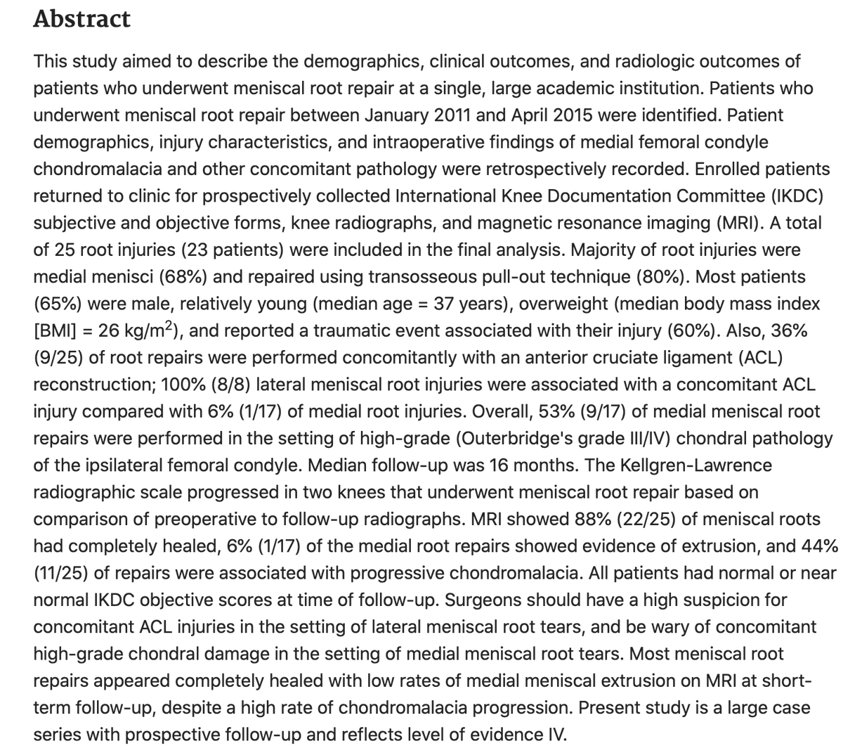DrBryanSaltzman's tweet image. Our newest publication on #Meniscus #Root #Repair found high (88%) healing rate with low rate of extrusion on postop MRI, despite a relatively high rate (44%) of chondromalacia progression

#orthotwitter 

@OCResearchInst @OrthoCarolina @BradleyYoungMD @AtriumMSKI