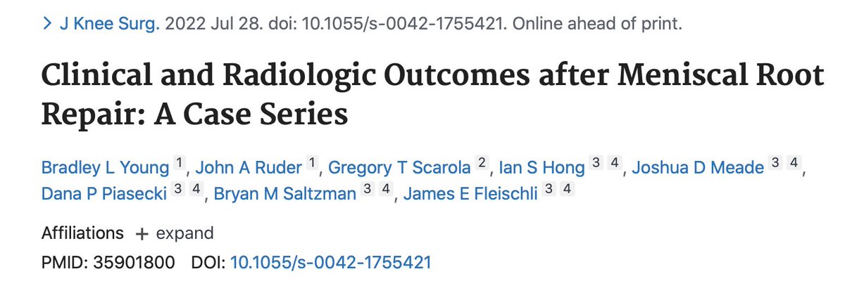 DrBryanSaltzman's tweet image. Our newest publication on #Meniscus #Root #Repair found high (88%) healing rate with low rate of extrusion on postop MRI, despite a relatively high rate (44%) of chondromalacia progression

#orthotwitter 

@OCResearchInst @OrthoCarolina @BradleyYoungMD @AtriumMSKI