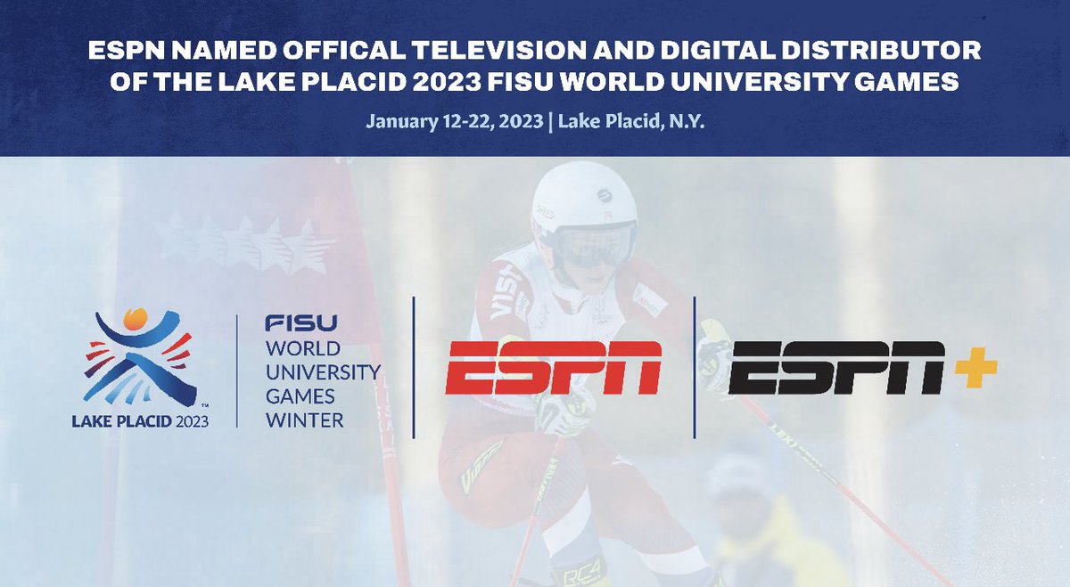 <a href="/espn/">ESPN</a> will be the official television &amp; digital distributor of the #LakePlacid2023 <a href="/FISU/">FISU</a> World University Games. ESPN &amp; <a href="/ESPNPlus/">ESPN+</a> will combine for nearly 160 hours of winter sports competitions, Jan. 12-22, 2023