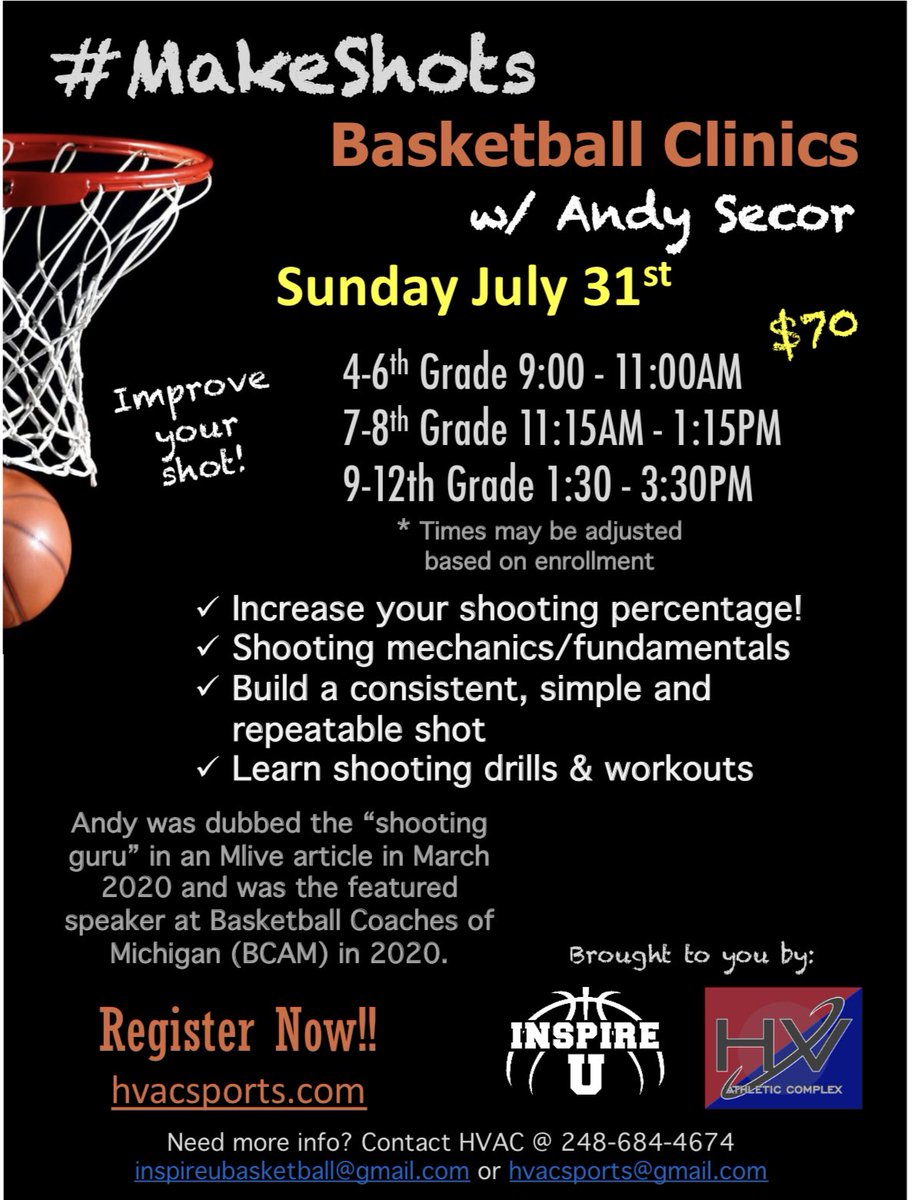 Looking forward to Sunday’s clinic with #MakeShots Basketball. Middle school and high school session is full! Just a few more spots left for the elementary clinic! Not too late to register. #Inspired