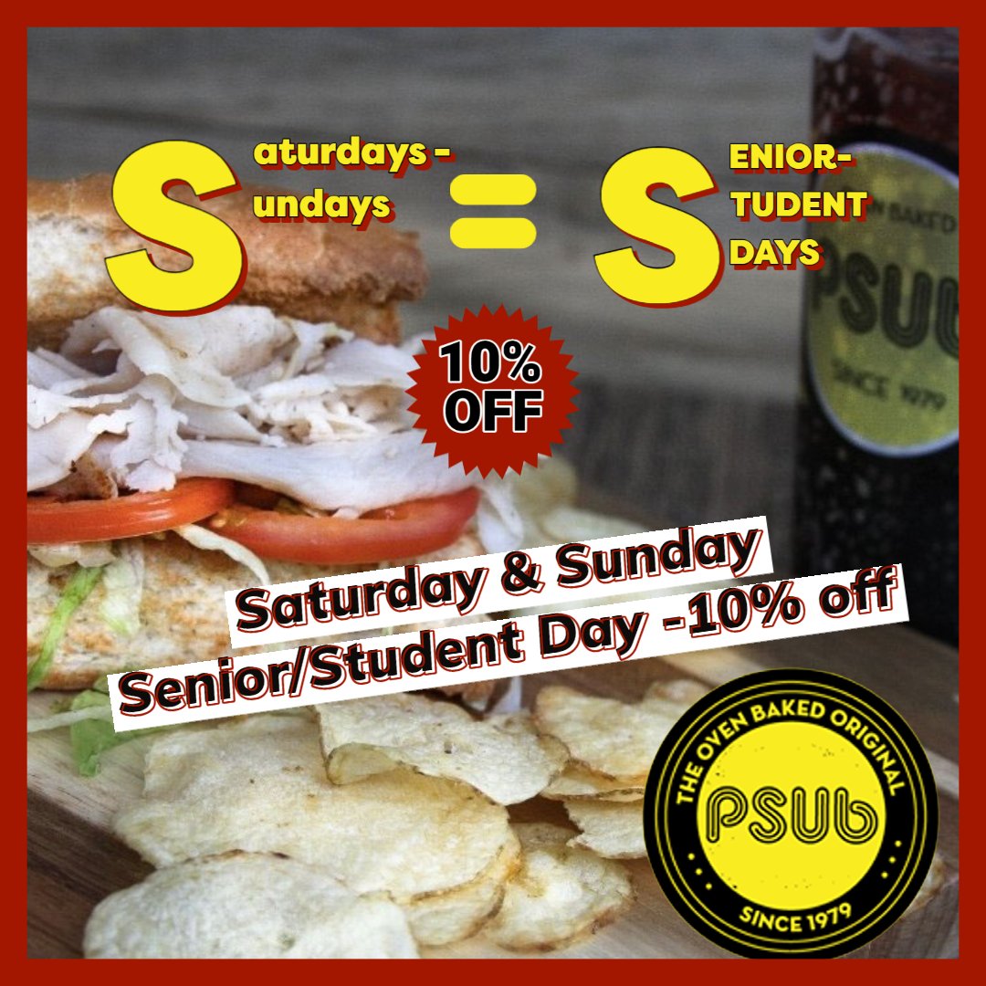 KXCVKRNW's tweet photo. 😋SENIOR-STUDENT DISCOUNT DAY😋
@PSubMaryville

Saturdays &amp; Sundays = 10% off for Seniors &amp; Students 

#ovenbakedgoodness
#planetsub
#subs https://t.co/mxZDyE6bZs