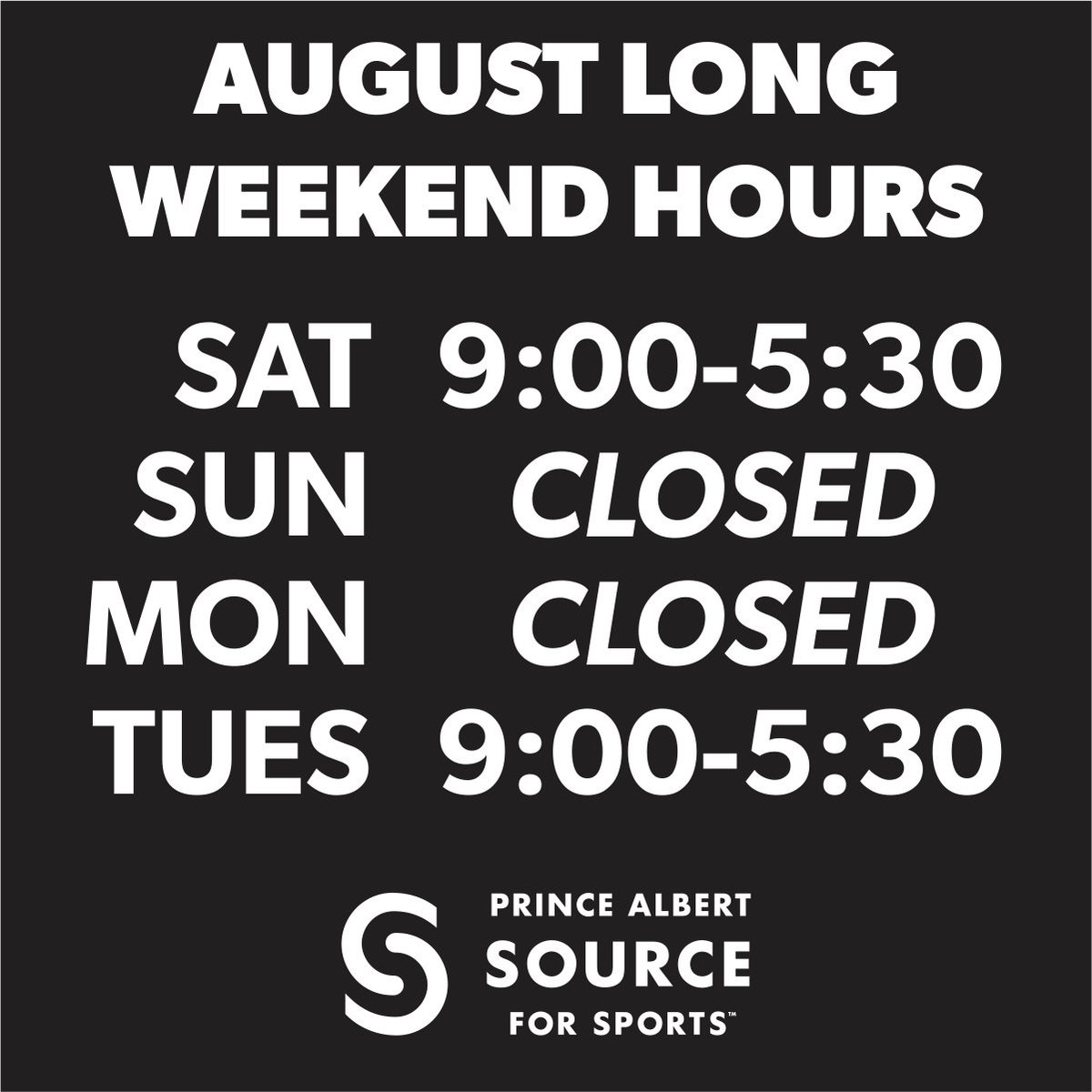 PASFS's tweet image. We will be closed in Sunday and Monday for the August long weekend and then we will be back open for regular hours again on Tuesday. Have a safe and fun long weekend!