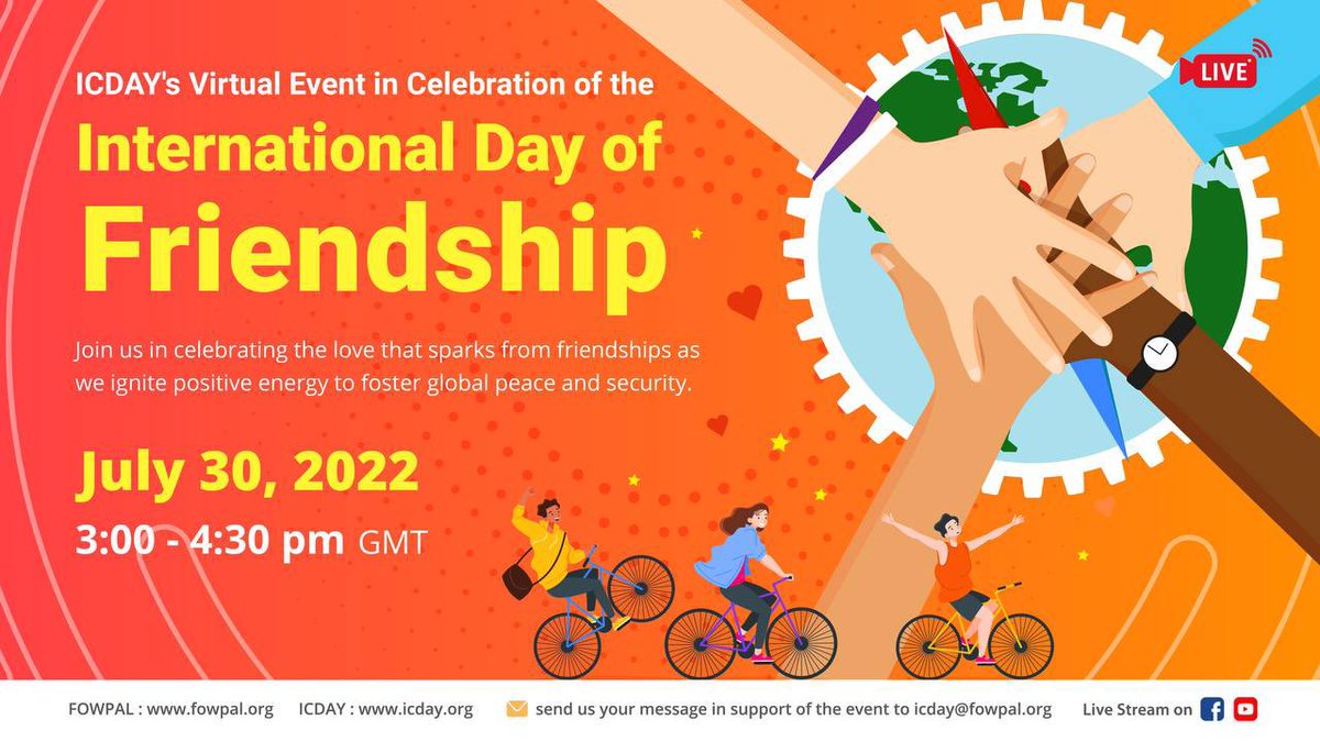 icday2020's tweet photo. 💗💖Join us in celebrating the love that sparks from friendships as we ignite positive energy to foster global peace and security,

🗓 July 30, 2022
🕒 3:00 - 4:30 pm GMT
▶️ https://t.co/bPagKDfCG9
#InternationalDayofFridenship https://t.co/2h0eO3exQ5