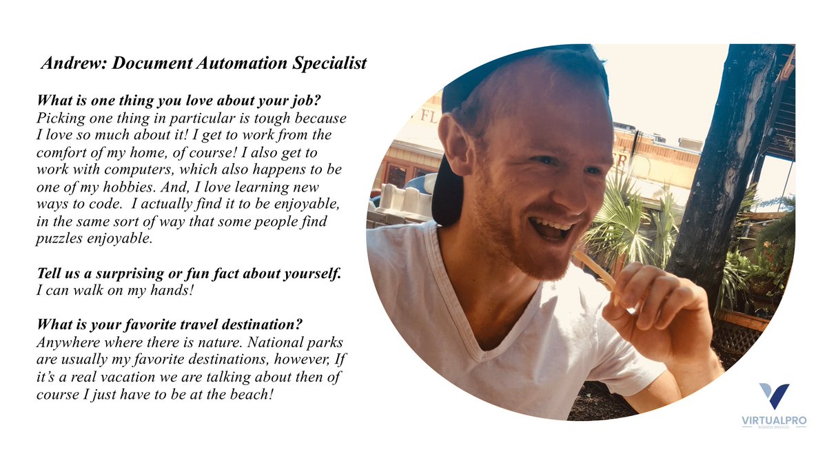 VirtualProBusy1's tweet image. As we continue to introduce our team, we hope to create a sense of familiarity and trust. Tech can sometimes seem so mechanical and dry. We&apos;re here to show you WE LOVE IT, so you don&apos;t have to! With that, meet our next team member, Andrew. #VirtualProFamily #DocumentAutomation