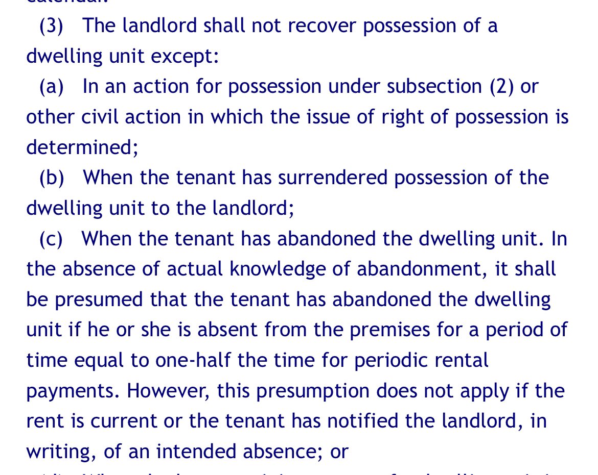 @bailinicole @KremDeLaKhylie @Metellus_10 @SeminoleGrand @TheCollierCo The statute 83.59(3c) seems to say an absence of more than a month and a half is considered abandoned…but also says they can’t presume abandonment if rent is up to date. He needs to see a lawyer. He might have a case, he might not. 🤷🏾‍♂️