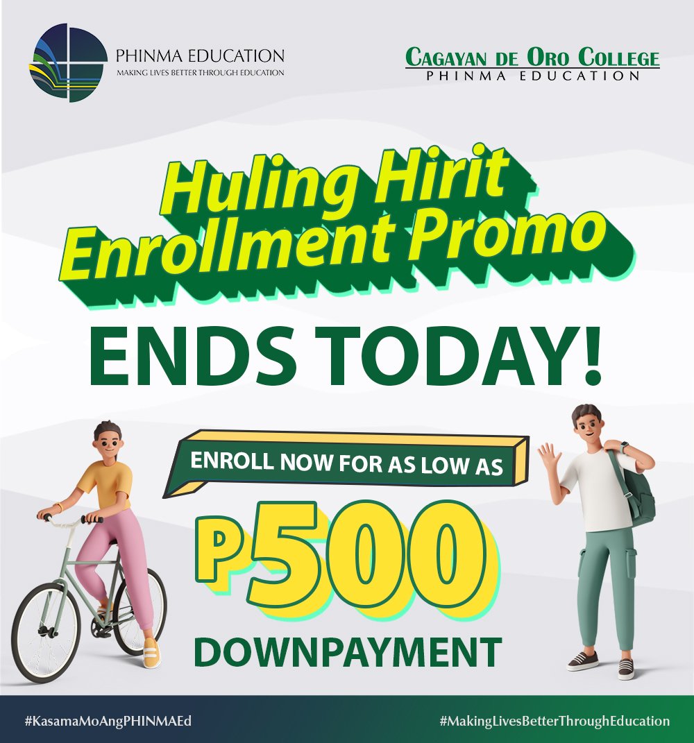 phinmacoc's tweet photo. HULING HIRIT Enrollment Promo ENDS TODAY!
Enroll now to avail the special rate!
For as low as P500 only~

What are you waiting for?
Enroll now!
For Online Enrollment, click here:
https://t.co/flh2XeH0Tw

#KasamaMoAngPHINMAEd
#MakingLivesBetterThroughEducation https://t.co/PNxZ2d3l8l
