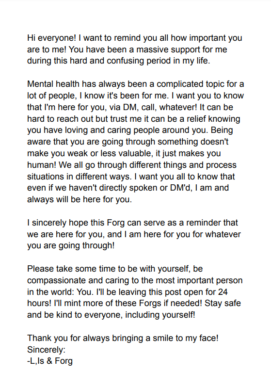 leomat_25's tweet photo. Here is a short text for everyone that feels like reading a small reminder and little Forg for everyone that feels like getting one!

Thank you all for being part of my day!
Sincerely: 
-Leo. https://t.co/7Ci3VNY8T7