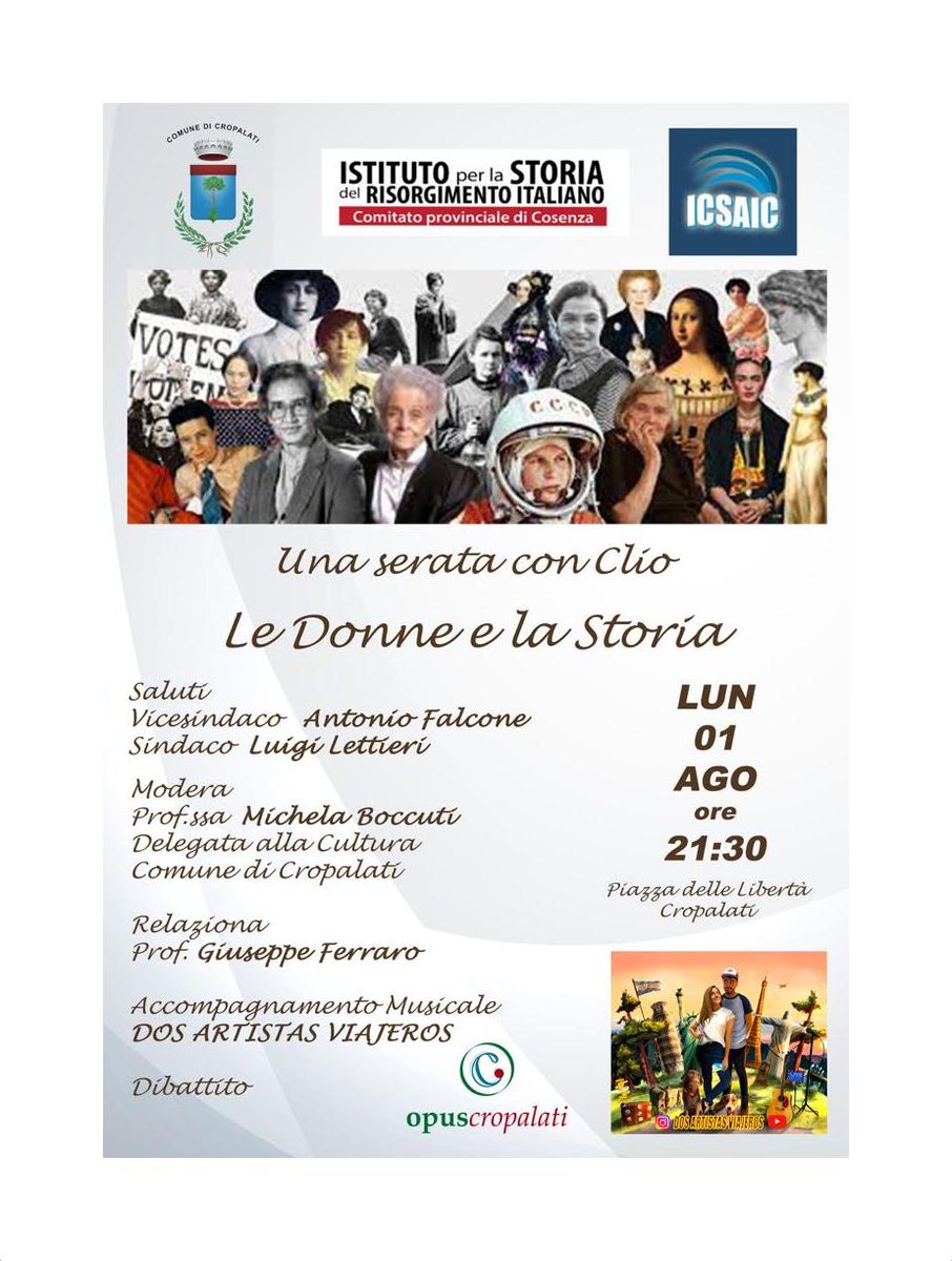 IcsaicStoria's tweet photo. “Una serata con Clio, Le Donne e la Storia” è il titolo dell’incontro organizzato dall’Istituto per la Storia del Risorgimento Italiano, dal Comune di Cropalati e dall’#ICSAIC che si terrà il primo agosto 2022 alle 21.30 in piazza della Libertà a Cropalati (Cs). https://t.co/uvSRrlj7mt