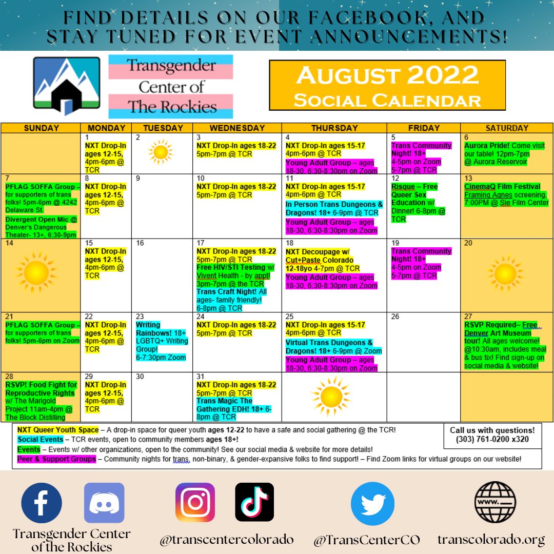 TransCenterCO's tweet photo. Summer is going by quickly, but 
we're keeping programming going w/ our August calendar! We're so excited to share the ton of fun social programming and events, &amp; a wide clinical offering too! Stay tuned to our social media for more details about events, we can't wait! 🤩🏳️‍⚧️🏳️‍🌈 https://t.co/kRm22JWAI4
