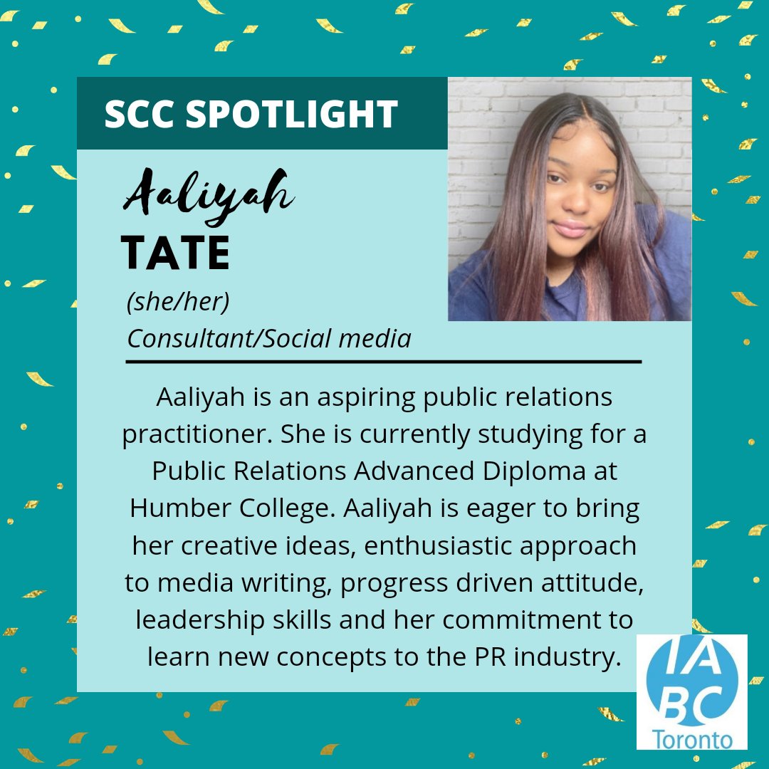 Please give a warm welcome to Aaliyah Tate (she/her) Consultant/Social media!

Interested in joining our SCC? We are always on the lookout for talent. 

#SCC #IABC #Student #toronto #publicrelations #pr #marketing #media #branding #socialmedia #pragency #digitalmarketing