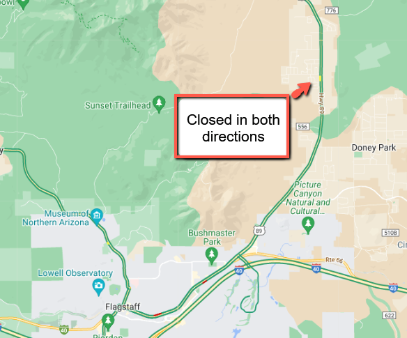 ArizonaDOT's tweet photo. *CLOSURE* *PLEASE SHARE* 

US 89 is CLOSED in both directions just north of Flagstaff. 

The closure is due to flooding at milepost 425. 

Motorist should expect delays and postpone non-essential travel at this time. 

There is no estimated time to reopen the highway. https://t.co/Vfr95wjklW