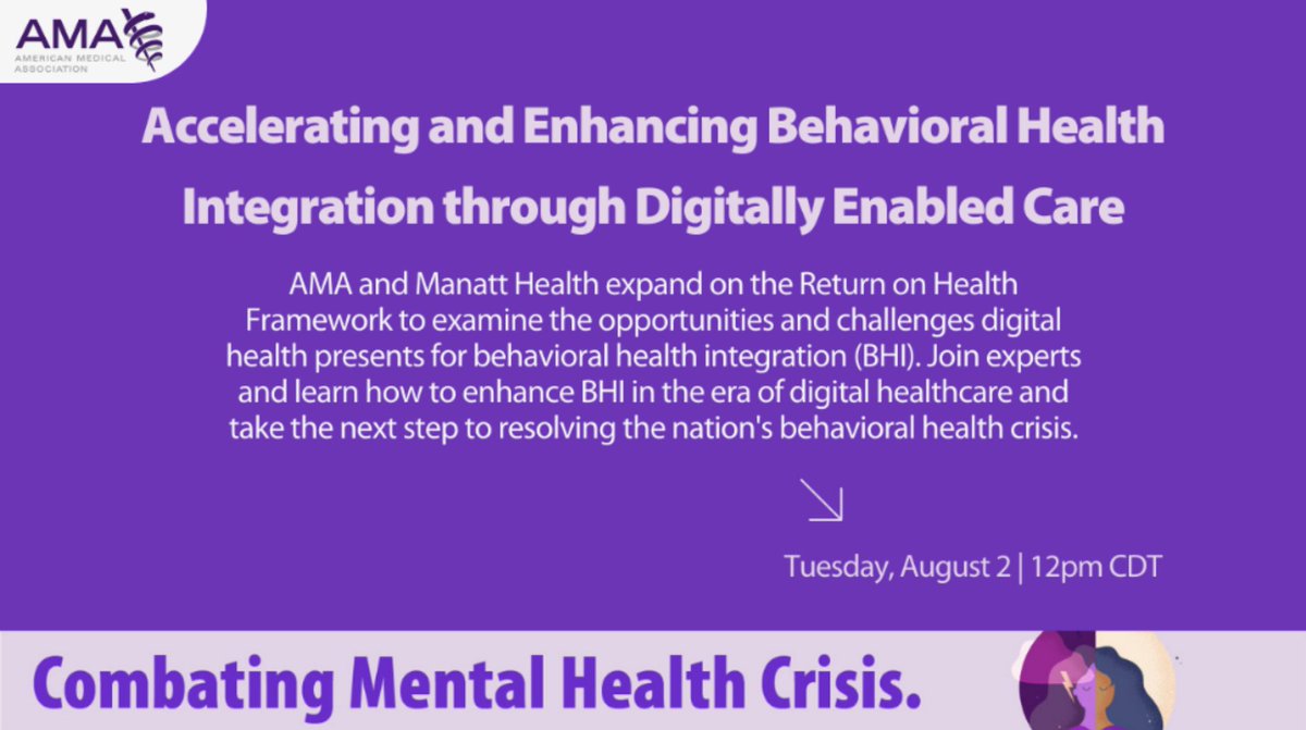 #BehavioralHealth integration is critical to confronting the #MentalHealth crisis. On Aug. 2, join CCO @VirnaLittle, @AmerMedicalAssn, @Manatt, @Caraway_Health and @NEHI_news for a conversation on the role of digitally enabled care. Register at hubs.la/Q01hWwfy0 #BHI