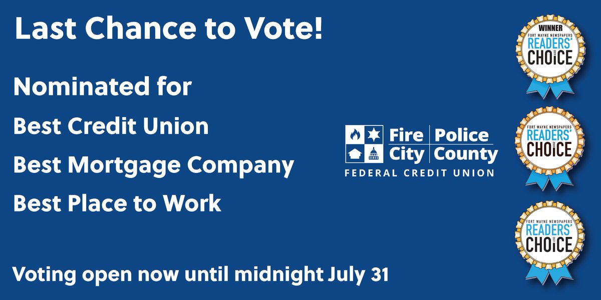 FPCCFCU's tweet photo. There's still time to cast your vote for Fire Police City County FCU in the 2022 Readers’ Choice Awards! 

We are nominated for Best Credit Union, Best Mortgage Company, and Best Place to Work. Voting is ends at midnight. https://t.co/omNBWyUhWZ https://t.co/WIO7PegaDY
