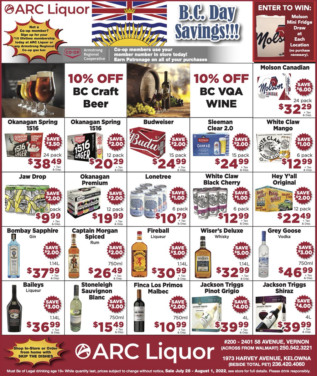 Armstrong Co-op (@armstrongcoop) on Twitter photo We hope you have a fantastic long weekend!  Find these great specials available through Monday at both our Kelowna and Vernon ARC Liquor locations!  #bcdaylongweekend #arcliquor #savings #coop We hope you have a fantastic long weekend!  Find these great specials available through Monday at both our Kelowna and Vernon ARC Liquor locations!  #bcdaylongweekend #arcliquor #savings #coop