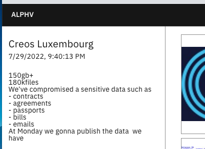 BrettCallow's tweet photo. #Alphv aka #BlackCat claims to have hit a pipeline operator: Creos Luxembourg which operates both natural gas pipelines and electricity networks in the Grand Duchy. 1/3 https://t.co/P9P7l6eGlK