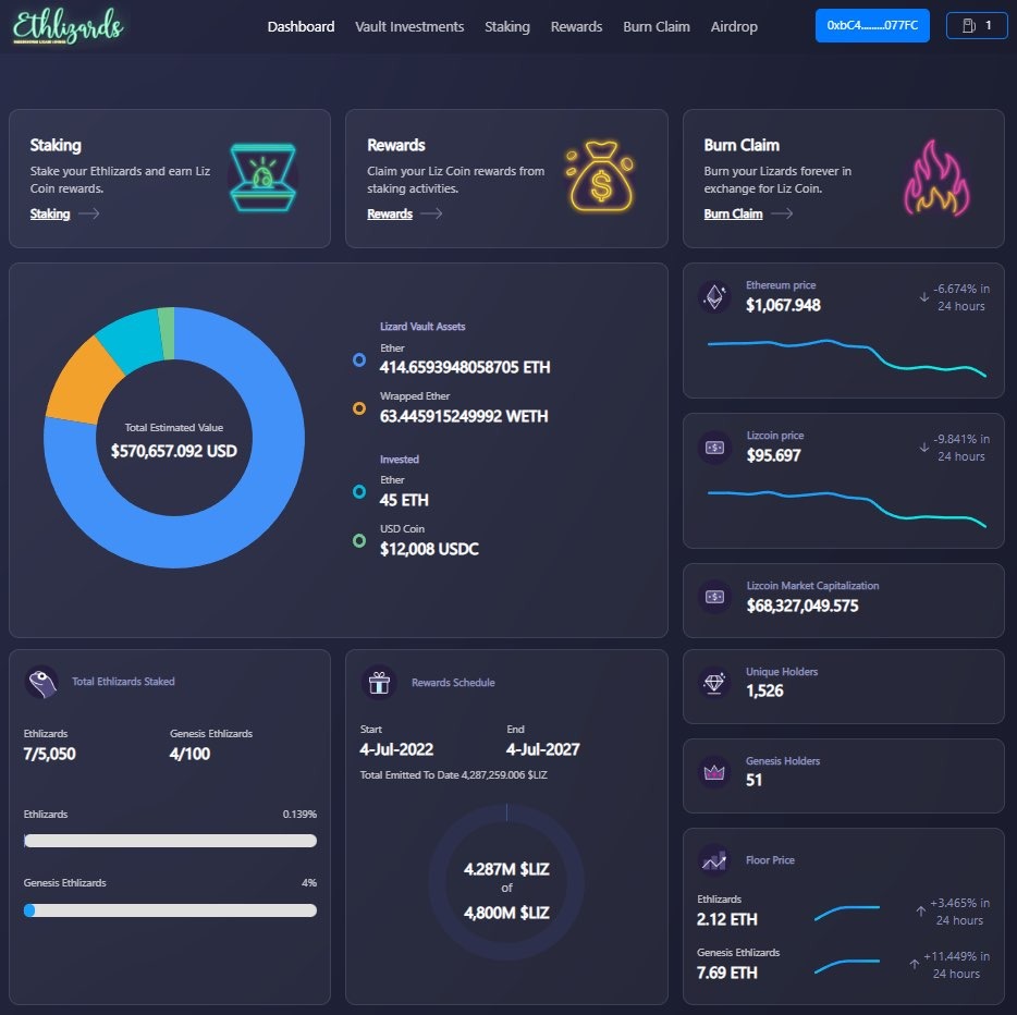 Ethlizards's tweet photo. We'll be launching the dashboard live in the coming week(s). This won't be the full suite, (that's currently in beta) but will include the dashboard and investment components so that the community can access the most up to date information on the Lizvault. https://t.co/GAvNWJa0le