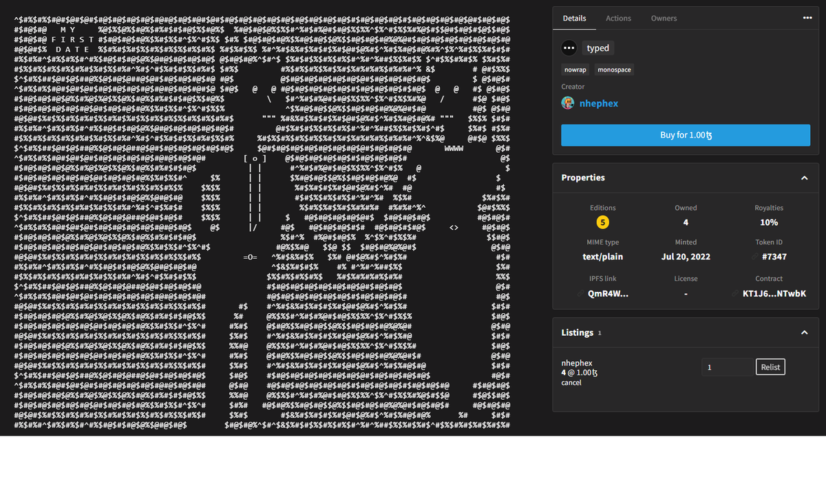 nhephex's tweet photo. My First Date

1 #tezos : 4/5 editions

available here: https://t.co/rqsxClZS4t

#typedart #NFT #ASCII #Text #ASCII_NFT #NFTcommunity #tezoscommunity #CleanNFT https://t.co/PGkw9BvyYJ
