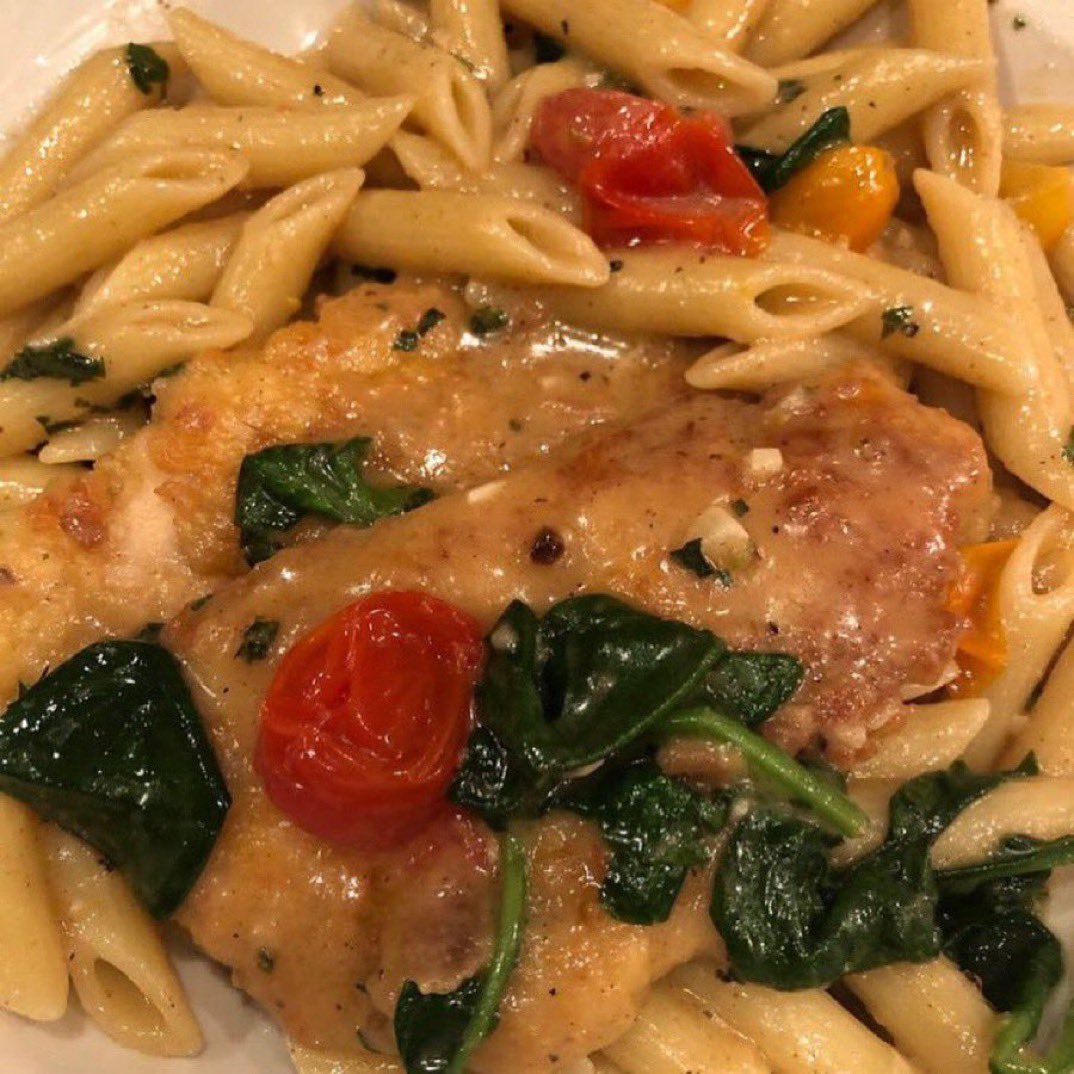 Happy Friday! Check out this delicious selection! Sautéed chicken medallions with cherry tomatoes and spinach in a lemon white wine garlic sauce! #FridayFun #ChickenDinner #RecipeOfTheDay
