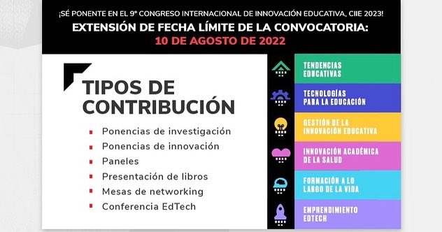CEDDIE_MTY's tweet photo. ¡Sé ponente en el 9o. congreso internacional de innovación educativa, CIIE 2023
Extensión de fecha límite de la convocatoria 
10 de agosto de 2022 https://t.co/JXeoh6RKHw