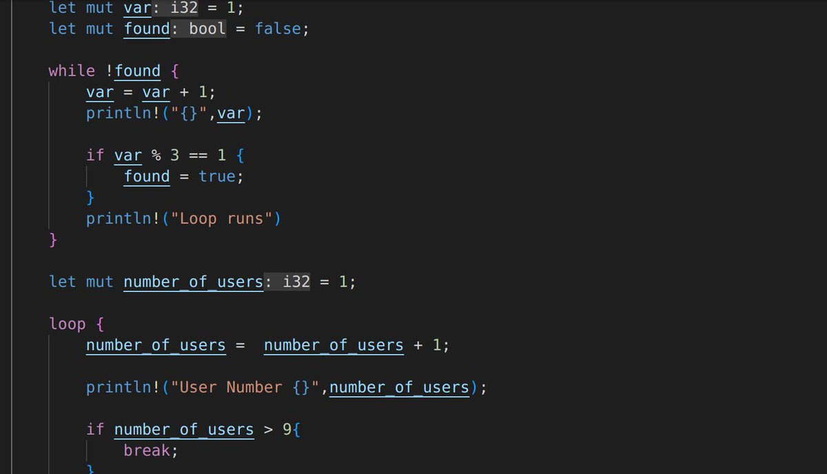 mychcoder's tweet image. Day 21 of #100DaysOfCode 

Learned about indefinite loops &quot;while&quot; and &quot;loop&quot; where the number of iterations is not known at compile time.

Also learned how to use the break; statement.

Will learn about the &quot;continue&quot; statement in the next lesson

#rustlang 
#CodeNewbie