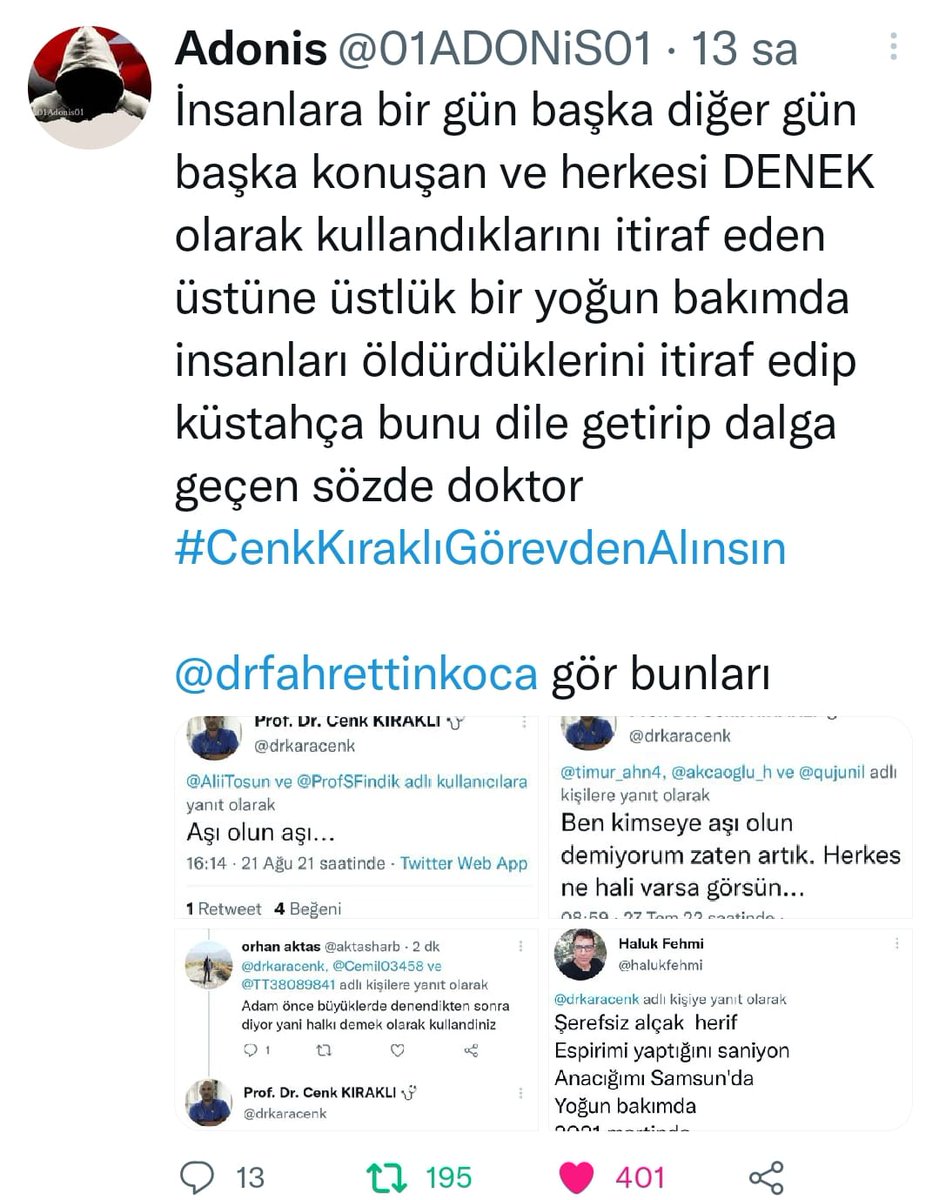AvAlevERSAN's tweet photo. Dr demekten imtina ettiğim,hastaları yoğun bakımda uyuşturucu ilaçlarla uyutarak yavaş yavaş öldürdüklerini ve deneysel sıvılarda insanları kobay olarak kullandıklarını itiraf eden Cenk Kıraklı görevden alınmalı ve görev yaptığı süreçte ölen hastalar titizlikle incelenmelidir! https://t.co/ENCcc9ipFc