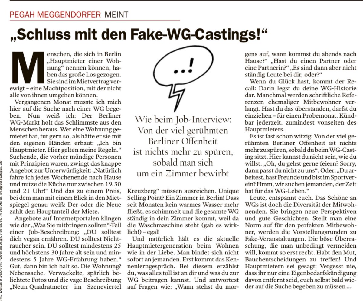 RitterJurgen's tweet photo. interessanter Einblick im ⁦@Tagesspiegel⁩ in den schwierigen Alltag der WG-Suche. Gleichfalls interessant, dass sich die Autorin seit 10 !Jahren von Praktikum zu Hospitation zu Hilfskraft hangeln muss, um zu leben (siehe Xing, LinkedIn und Co). Das wäre mal ein Thema https://t.co/6ApDeT3oWV