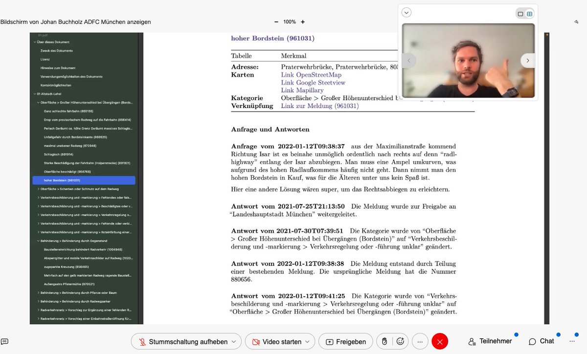 Wir werten die Meldungen der Meldeplattform Radverkehr aus. In einer gemeinsame Veranstaltung mit dem #Mobilitätsreferat haben <a href="/EvaMahling/">Eva Mahling</a> und <a href="/jbchhlz/">Johan</a> den Vertreter:innen der Bezirksausschüsse einen Teil unserer Analysen vorgestellt.