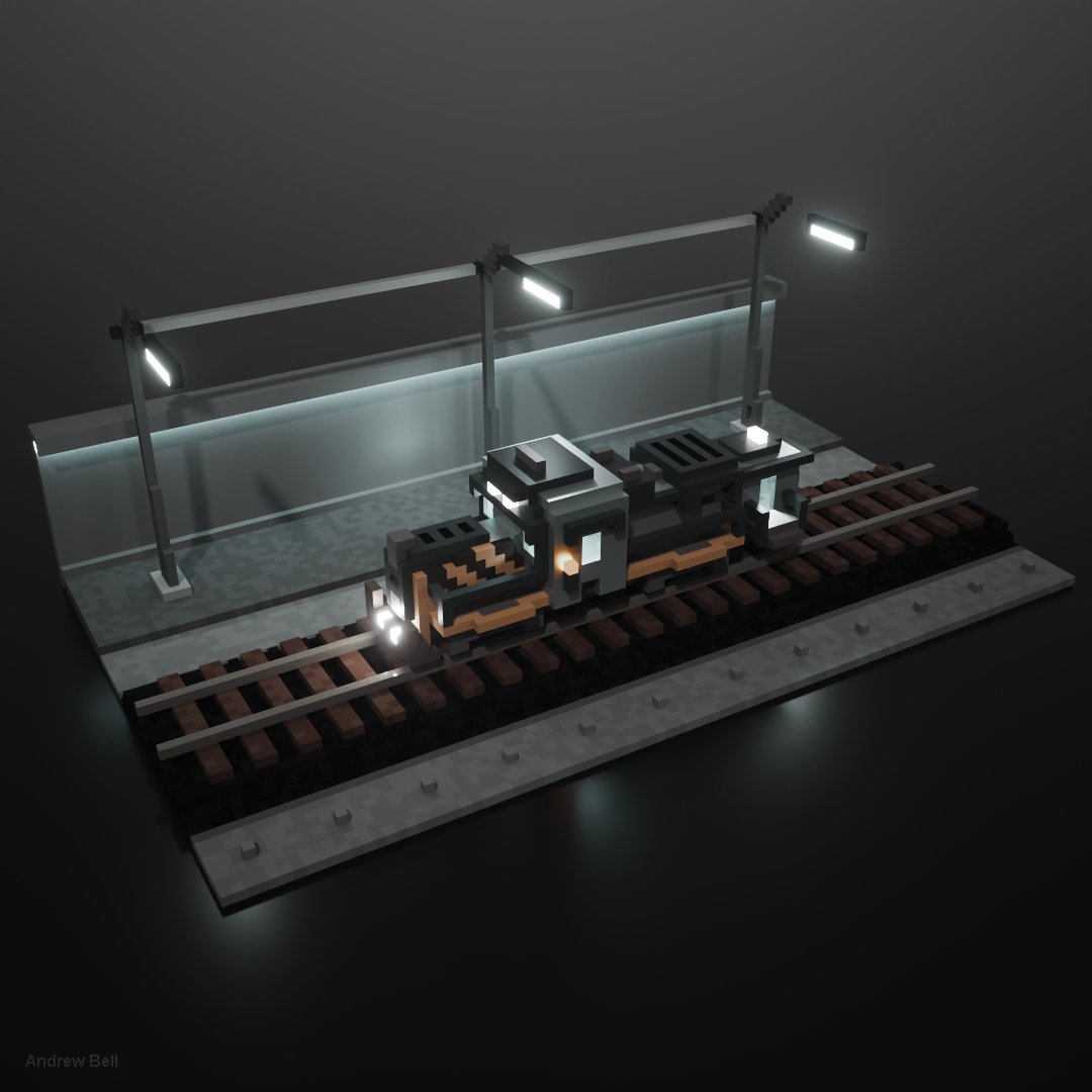 So I finally took some of the things I've learnt and put them together into my first scene. Hope you like it.

#art #3dart  #voxel #voxelart #magicavoxel #pixelart #gamedev #Railways #trains