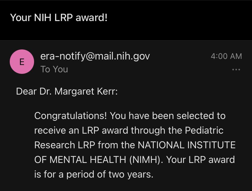 Can’t imagine better news to wake up to today! On my third try, I finally got awarded an ⁦@NIH_LRP⁩ award through <a href="/NIMH/">nimh</a> to study the effects of public health crises on parents’ and children’s mental health. What an incredible program. Life changing.