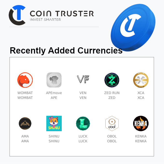 Welcome to the recently added currencies on @cointruster 🔥 #WOMBAT 🔥 $APE APEmove 🔥 $VEN 🔥 $ZED ZED RUN 🔥 $XCA 🔥 $AMA 🔥 $SHINU SHINU 🔥 $LUCK 🔥 $OBOL 🔥 $KENKA Check the stats: cointruster.com/new
