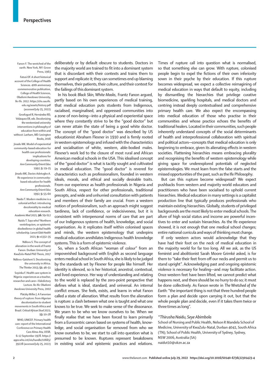 Please read our — written with <a href="/NaiduThirusha/">Thirusha Naidu🇿🇦🇨🇦</a> — new <a href="/TheLancet/">The Lancet</a> essay:

"How medical education holds back health equity" thelancet.com/journals/lance…

We analyse #MedEd as a colonial institution — inspired by Frantz Fanon and the early history of my alma mater, <a href="/OAUniversity/">Obafemi Awolowo University</a> #medschool