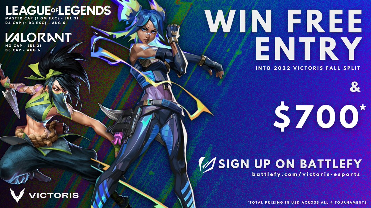 Don't miss out on the hype! This weekend we're hosting a <a href="/PlayVALORANT/">VALORANT</a> Uncapped tournament as well as a <a href="/LeagueOfLegends/">League of Legends</a> M cap tournament, and the winners get FREE ENTRY into Victoris Fall Split + cash prizes! 

Join us Sunday for a banger day of tourneys! battlefy.com/victoris-espor…