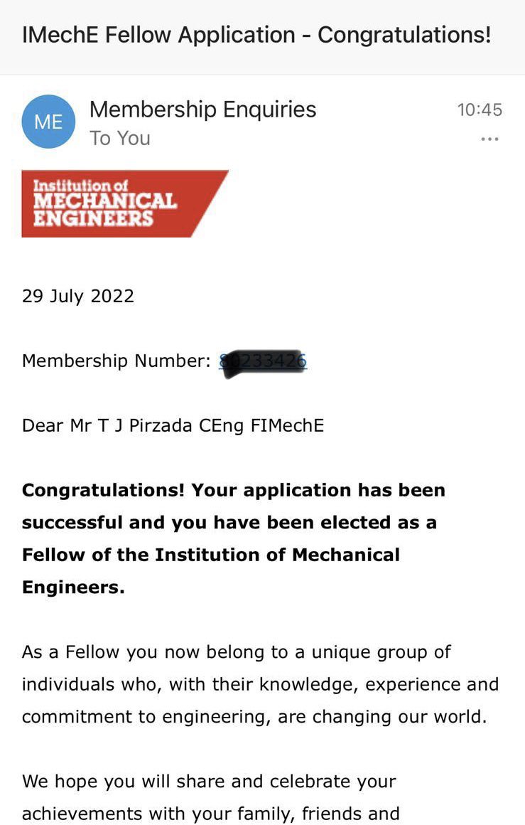 TJPirzada's tweet photo. I have been elected as a fellow of the Institution of Mechanical Engineers!  Couldn’t have hoped for better news to start the Weekend! #imeche #engineerforlife #aeronauticalengineering https://t.co/Hs1WilEETP