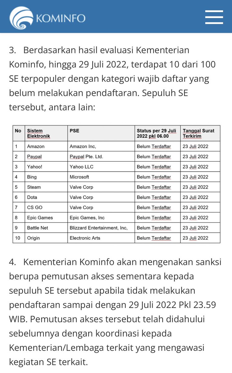The list of blocked services is based on the Kominfo press release yesterday. They will be unblocked once they register to the list. Kominfo claim it’s for consumer protection and accountability but they’re removing consumer rights to use these services. kominfo.go.id/content/detail…