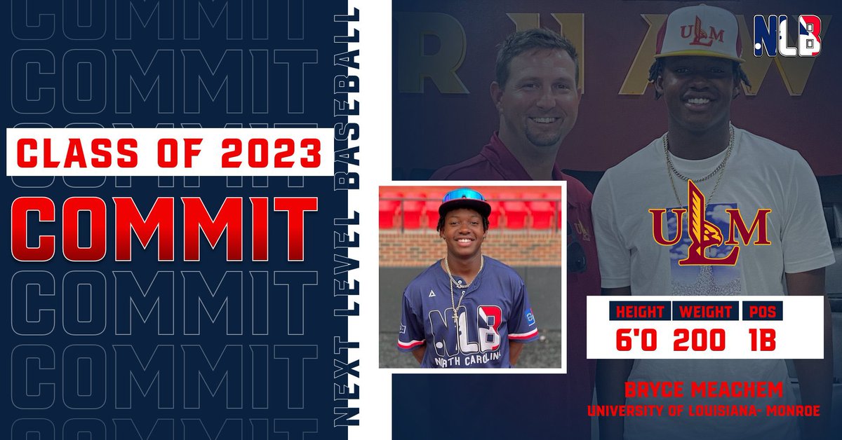 Congratulations to NLB NC 2023 grad Bryce Meachem on his commitment to D1 University of Louisiana- Monroe!

Bryce worked hard, stayed the course &amp; found the best fit to call home. Congratulations from the NLB family! 

#NLBway⚾️ <a href="/nextlevelbb/">Next Level Baseball</a> <a href="/MeachemBryce/">Bryce Meachem</a> <a href="/coachmack254/">Ryan McClaran</a>