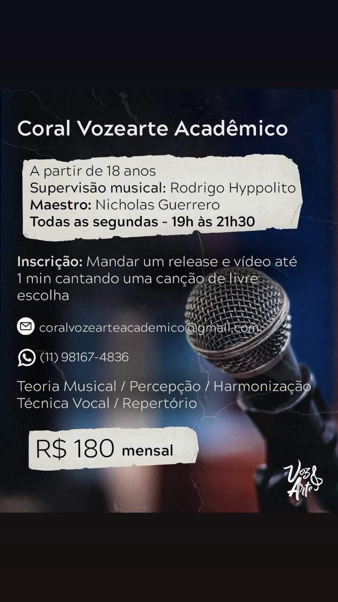 🗣️ Se liga aí, gente 🗣️

👂 Processo Seletivo para o Curso Coral VozeArte Acadêmico 👂

Não percam...

#vozearte
#cursocoralvozearteacademico
#coralvozearte