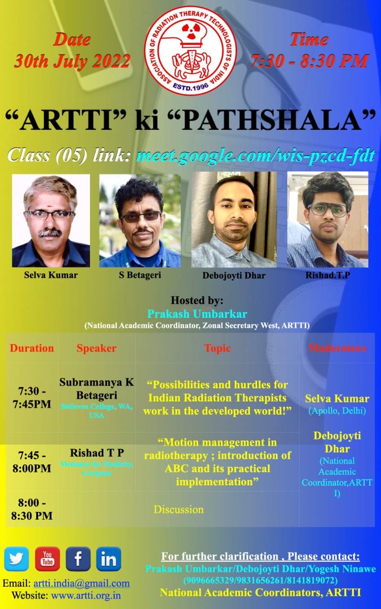 arttindia's tweet photo. "ARTTI ki PATHSHALA" - CLASS 5
Saturday, July 30 · 7:30 – 8:30pm
Google Meet joining info
Video call link: https://t.co/cLwils7DNr
Thank you  
With regards 
ARTTI https://t.co/cG8IX0x4vT