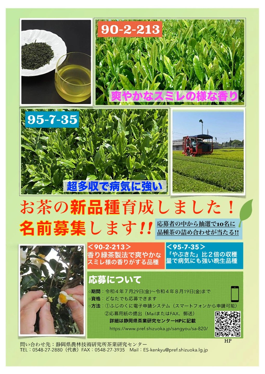 日本茶インストラクター協会静岡県支部 掲示板新着情報 静岡県農林技術研究所茶業研究センターで ２つの新品種の名前を公募しています 爽やかなスミレ様の香りのする 90 2 213 超多収で耐病性に優れる 95 7 35 番号は 品種育成中の系統