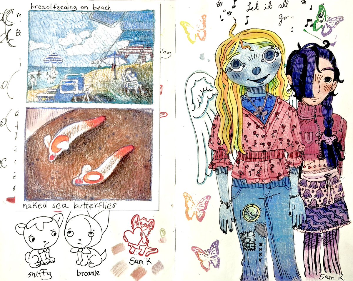 Colored pencil and watercolor drawings with some ink 