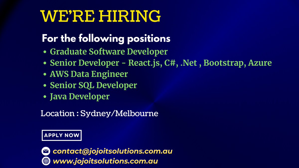 #jobrecruitment #openings #hiring #jobsearch #jobseekers #jobsinaustralia  #jobopening #vacancies #technology  #tech #australia #aws #melbournejobs #Jobopening #Jobvacancy #itjobs #jobsearch #newjobs #urgentrequirement #jobs #softwaredevelopers #sqldeveloper #sql #javadeveloper