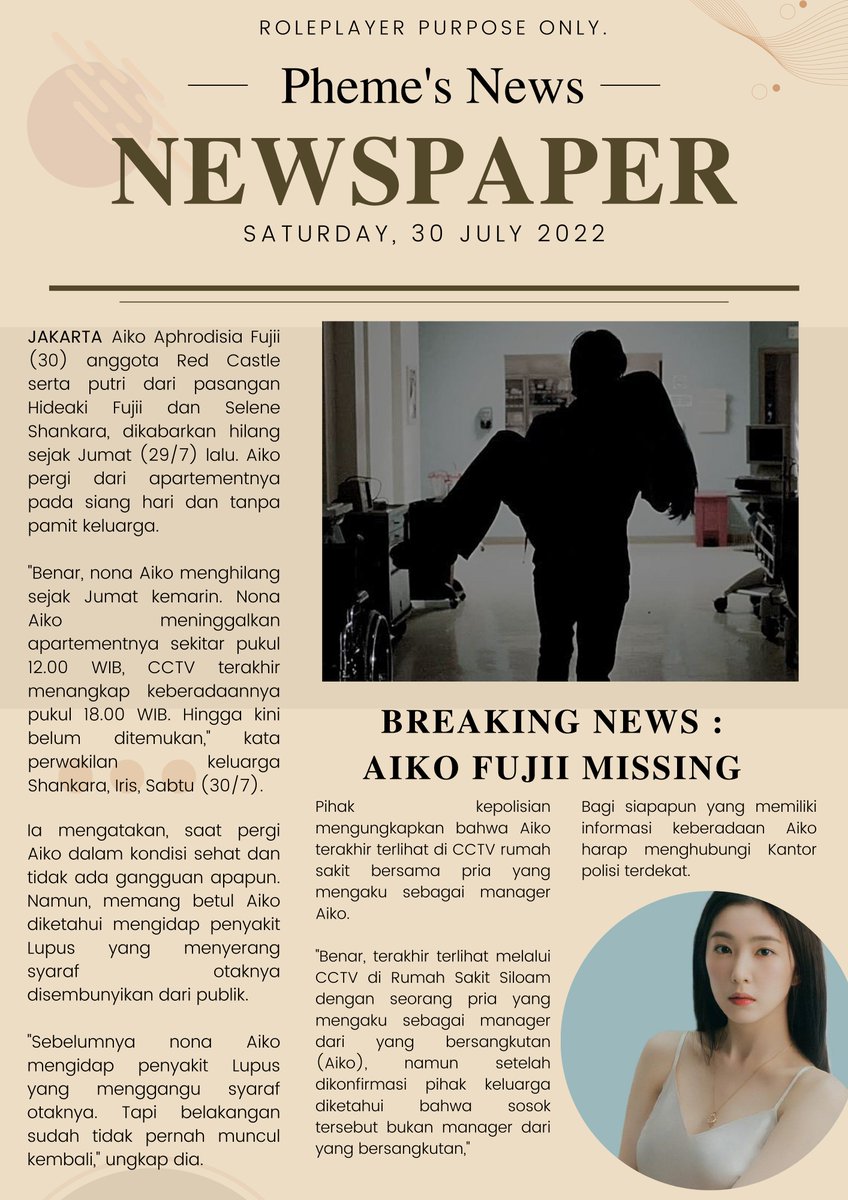 𝐏𝐇𝐄𝐌𝐄'𝐬 𝐍𝐄𝐖𝐒

𝘽𝙍𝙀𝘼𝙆𝙄𝙉𝙂 𝙉𝙀𝙒𝙎 : 𝘼𝙄𝙆𝙊 𝙁𝙐𝙅𝙄𝙄 𝙈𝙄𝙎𝙎𝙄𝙉𝙂

𝗝𝗮𝗸𝗮𝗿𝘁𝗮, Aiko Aphrodisia Fujii (30) anggota Red Castle serta putri dari pasangan Hideaki Fujii dan Selene Shankara, dikabarkan hilang sejak Jumat (29/7) lalu. -continue read-