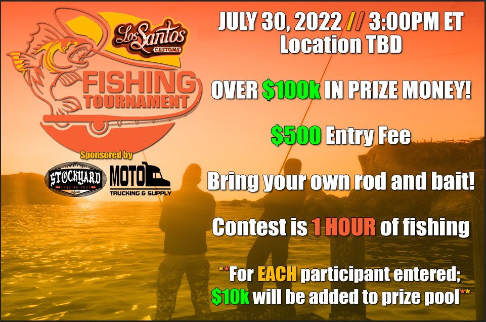 TrueFictionRP's tweet photo. Fishing tournament happening this Saturday! The more people that register, the more the prize pool will be!
Instant whitelist: https://t.co/i4yAg7MDVj

See flyer for details!

#FiveM #GTARP #TFRP #TrueFictionRP #OnlineRoleplay #RP #FishingTournament https://t.co/Gh8CaWH5rN