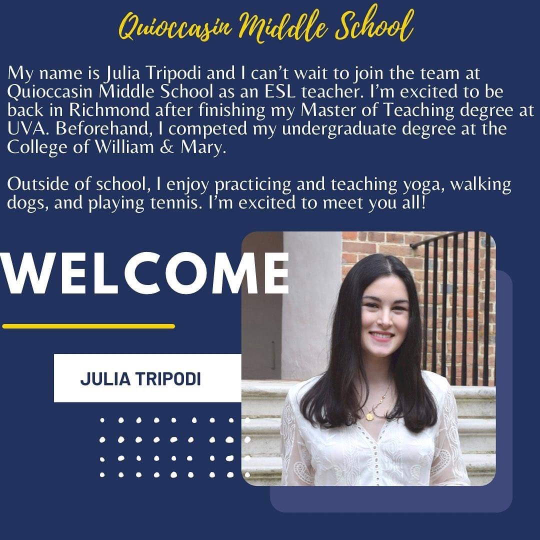 QMSGriffins's tweet photo. Please join us in welcoming Ms. Tripodi to our team this year as an ESL teacher! #gogriffins #newtotheq https://t.co/S5SebRKDp3