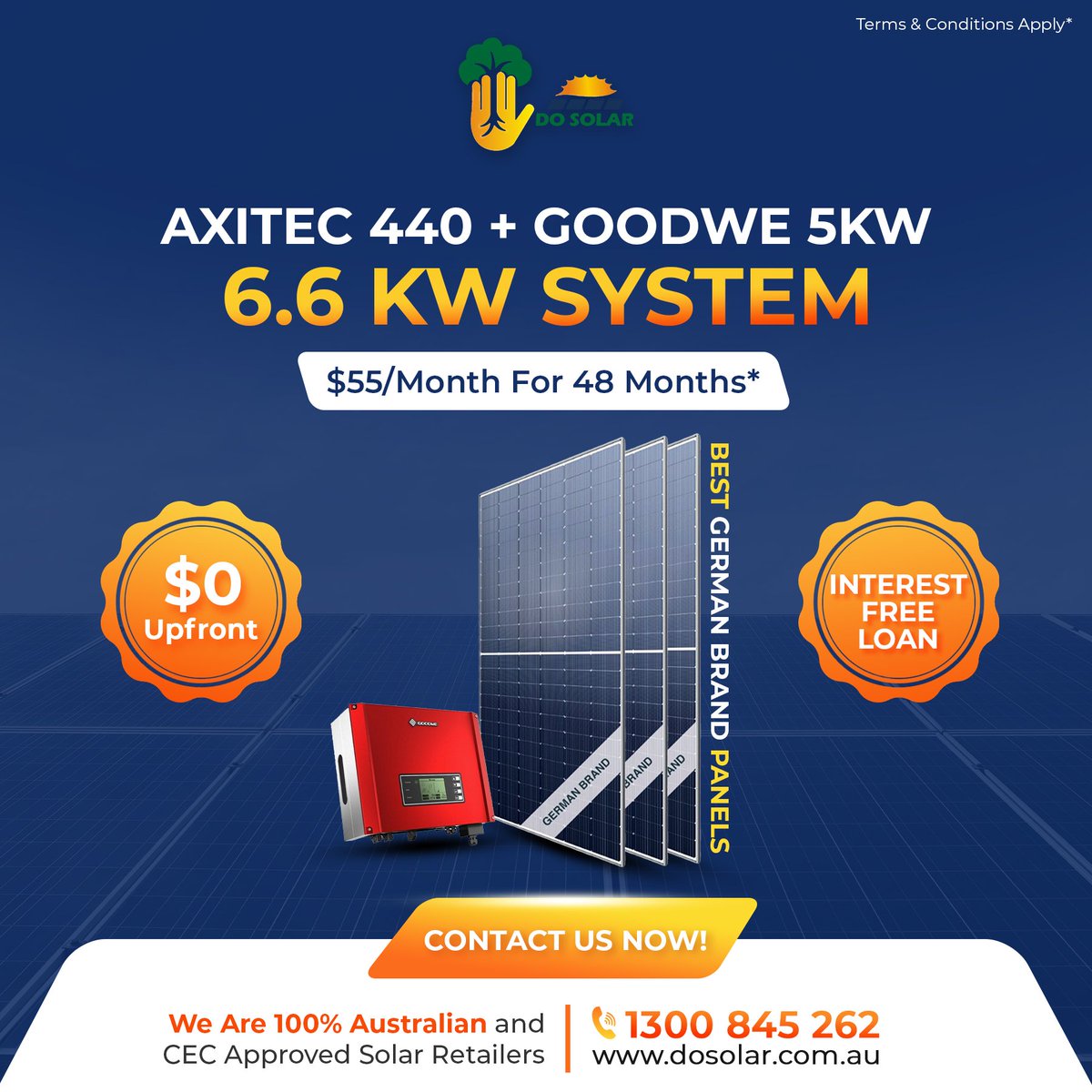 DosolarMelbourn's tweet photo. Offering 6.6kW Solar Panel System.
Get an AXITEC 440 solar system with a 5kW GOODWE inverter. With an upfront interest-free loan of $0, you will only pay $55 each month for 48 months.
We provide you with Best German brand panels.
Visit https://t.co/tSJk7HnfVy
Call: 1300 845 262 https://t.co/MzPxXl8JYi